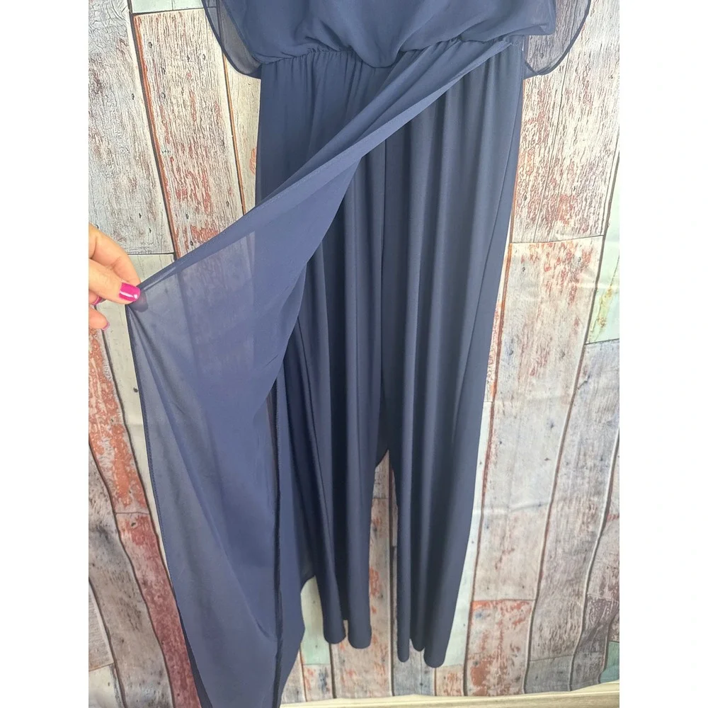 NWT Snappy Turtle Navy Blue Chiffon Overlay Jumpsuit XS Wedding Cocktail